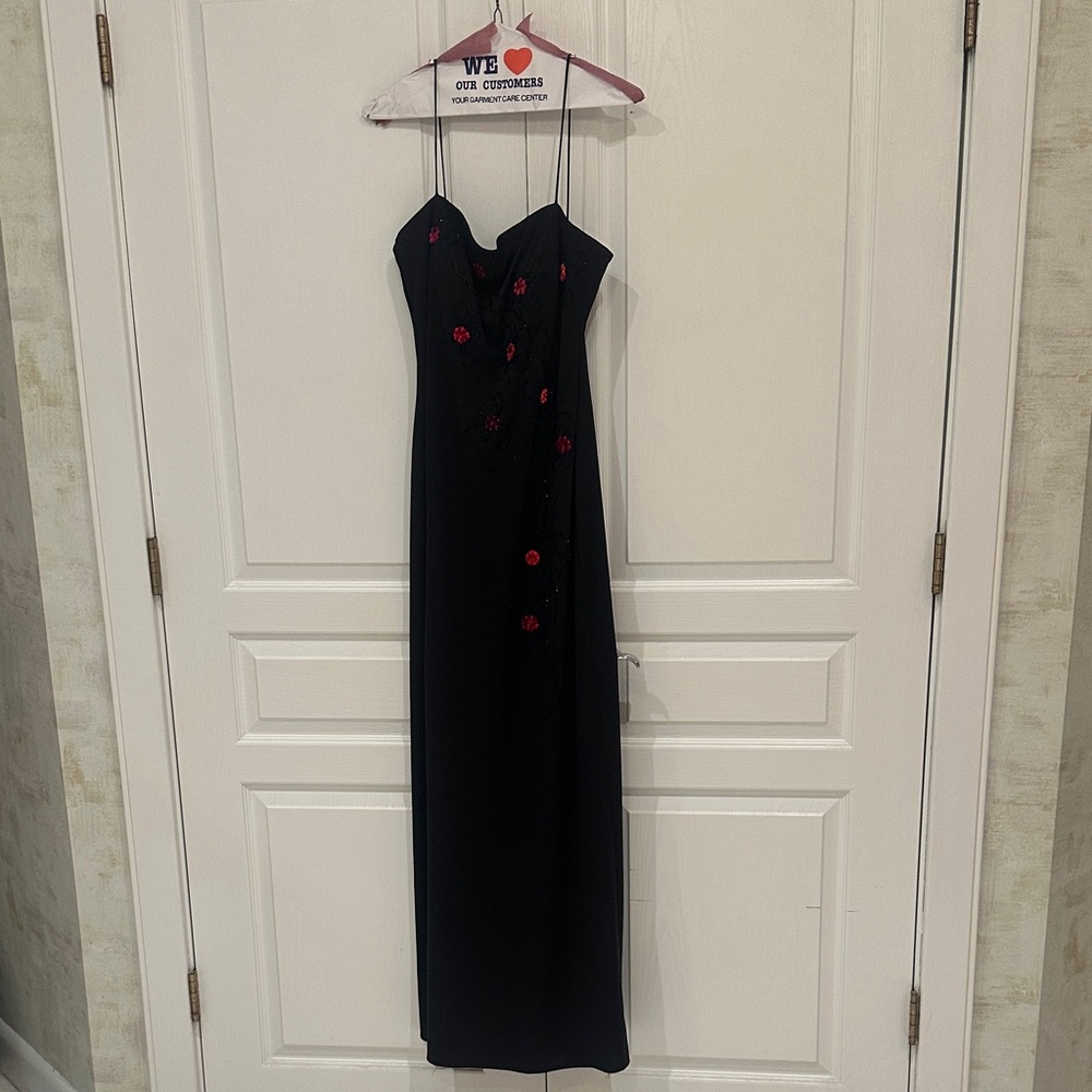 Black Maxi Dress with Red Floral Accents - Sleeveless Evening Gown